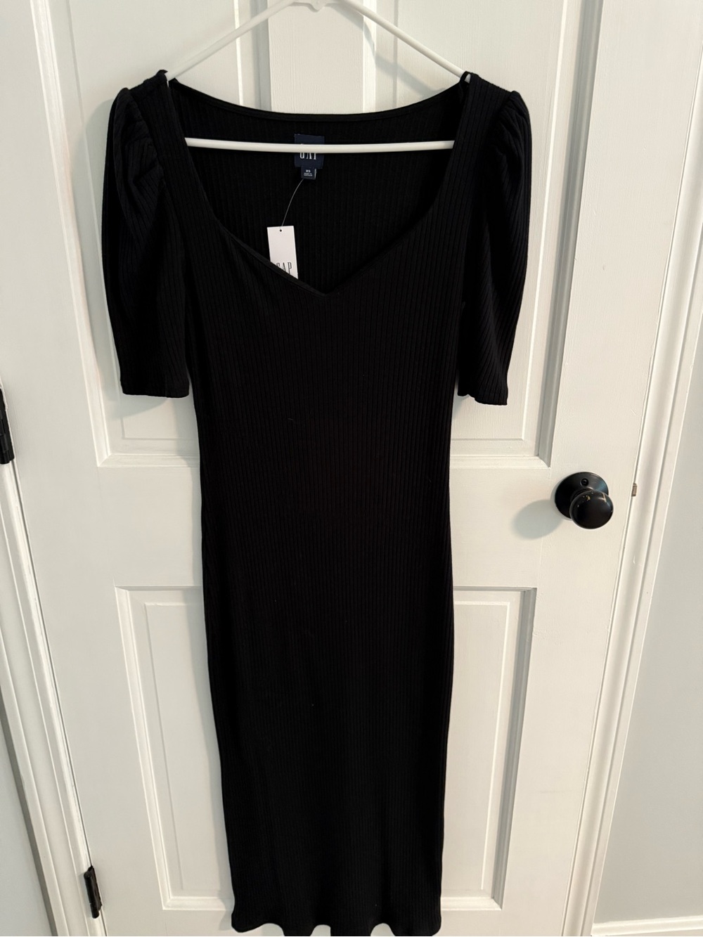 GAP Black Ribbed V-Neck Bodycon Midi Dress